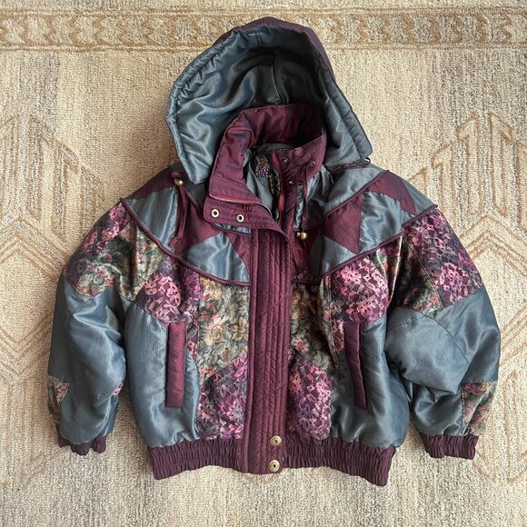 Vintage Patchwork Puffy Coat | 80s 90s Retro Lace + Velvet Hooded Jacket - Picture 1 of 13